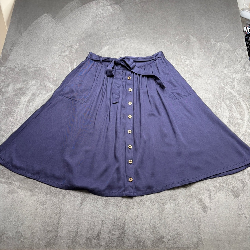 ModCloth Button Front Skirt Womens Large Navy Blue A-Line Rayon Midi Pockets Tie